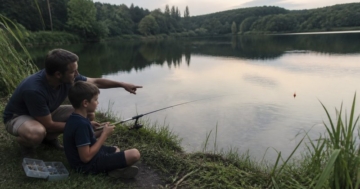 Kind angelt mit kurzer Angelrute am Ufer