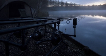Zwei Karpfenruten auf dem Rod Pod am nächtlichen See